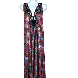 Vintage Full Length Floral Lace Trim Sleeveless Nightgown Womens L Multicolor